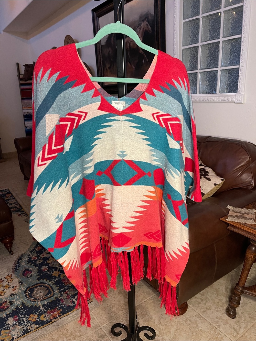 Tasha Polizzi Red Teal Aztec Fringe Poncho